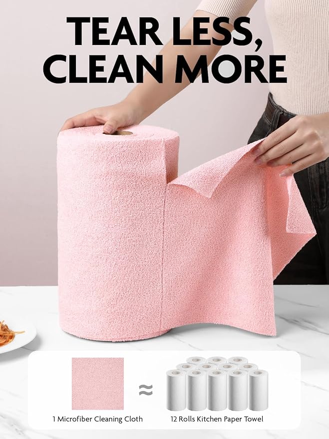 Fantasticlean Microfiber Cleaning Cloth Roll -75 Pack, Tear Away Microfiber Towels, 12" x 12", Reusable, Washable, Scratch Free, Ultra Absorbent Dish Rags for Car, Home, Garage or Shop (Pink)
