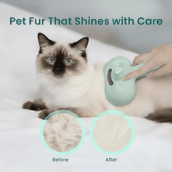 Pet Steam Brush for Dog & Cat, 3 in 1 Spray Hair Removal Comb for Shedding & Grooming, Water Brush for Long & Short Haired Pets, Includes 200ml Shampoo & USB Rechargeable Design, Green