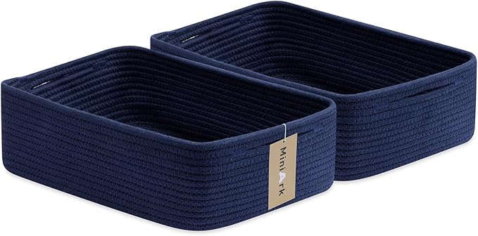Large Shallow Organizing Baskets 15x11x5.1 Inches - Rope Woven Storage Bins for Bathroom, Shelves, Cube Closet, Navy Blue 2 Packs