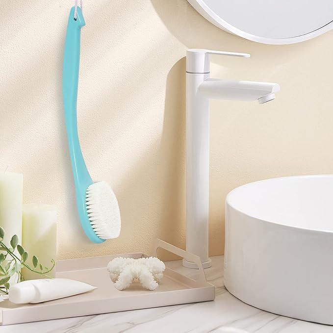 VANZAVANZU Exfoliating Shower Brush Back Scrubbers for Use in Shower, Plastic Bath Brush Long Handle for Shower with Moderate Bristles, Dry or Wet Back Brush for Shower Men Women-Green