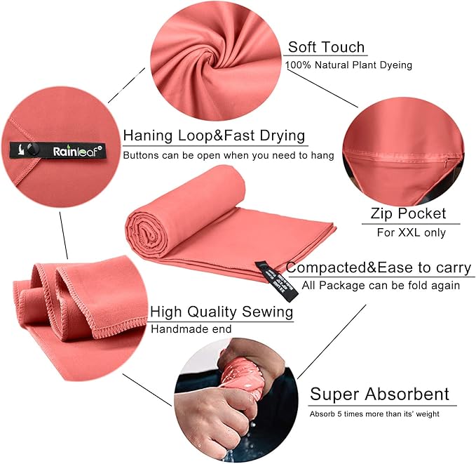 Rainleaf Microfiber Towel Perfect Travel & Gym & Camping Towel. Quick Dry - Super Absorbent - Ultra Compact - Lightweight. Suitable for Trip, Beach, Shower, Backpacking, Pool