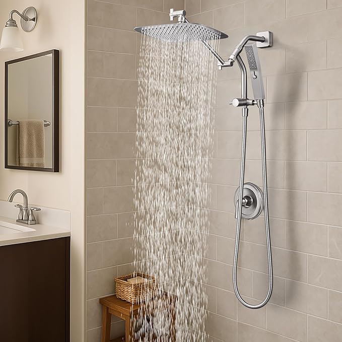G-Promise All Metal 10 Inch Shower Head with Massage Mode Handheld, Rain Shower Head with Handheld Spray Combo, 3-Way Diverter with Pause Setting, 11 Inch Adjustable Extension Arm (Brushed Nickel)