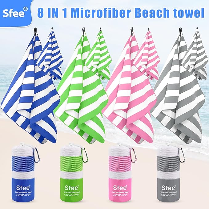 Sfee 4 Pack(8Pcs) Microfiber Travel Towel, Beach Towel Quick Dry Towel Camping Towel Super Absorbent Compact Lightweight Sports Towel Gym Towel Set for Beach, Gym, Hiking, Pool, Backpacking, Yoga