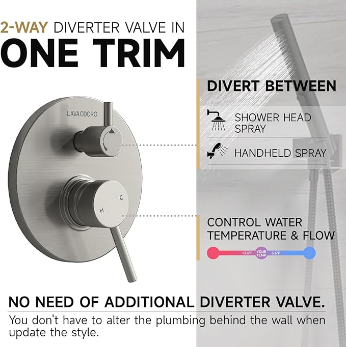 Lava Odoro Modern 2-Setting Round Rain Shower System, Brushed Nickel Rainfall Shower Faucet Set Rain Shower Head and Handle Set, Shower Valve Trim Kit,10 Inch, Brushed Stainless, SF104-BN