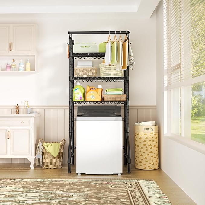 Ulif U11 Medium Over Washer and Dryer Shelves, 3 Tiers Laundry Room Storage and Organizer Standing Shelf, Metal Freestanding Clothes Drying Rack, 31.1”W x 19.7”D x 77.6”H, Black