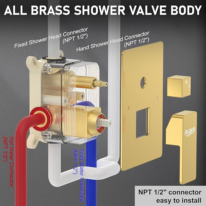Iriber Brushed Gold Rain Shower System with 12 Inch Shower Head and Handheld shower Bathroom Wall Mounted Golden Shower Set Contain Shower Faucet Mixer Valve and Trim Kit (Valve Cartridge Included)