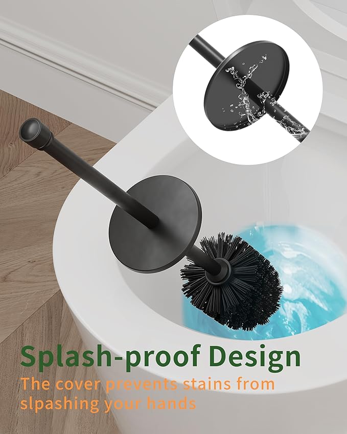 Toilet Brush and Holder Set, Toilet Bowl Brush for Bathroom with Long Handle, Stainless Steel Toilet Cleaner Brush with Durable Scrubbing Bristles,Splash-Proof (Matte Black)