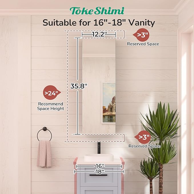TokeShimi 12 x 36 Farmhouse Medicine Cabinet Recessed or Surface Mount Aluminum, Mirror with Stepless Adjustable Storage, Silver Bathroom Mirror Medicine Cabinet Frameless Metal Modern