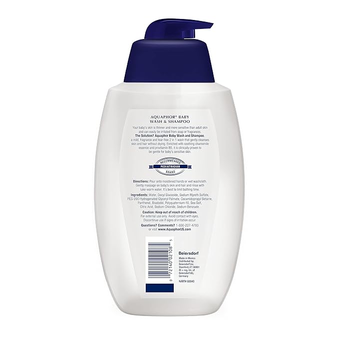 Aquaphor Baby Wash and Shampoo, Unscented Baby Shampoo and Wash, Holiday Gifts, 25.4 Fl Oz Pump Bottle