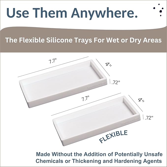 Countertop and Vanity Tray - 2 PC Small 7.7" Silicone Bathroom Trays, Kitchen Soap Tray, Dish Sponge Soap Holder Kitchen Sink Organizer Caddy, Bathroom Counter Trays for Lotion Dispenser