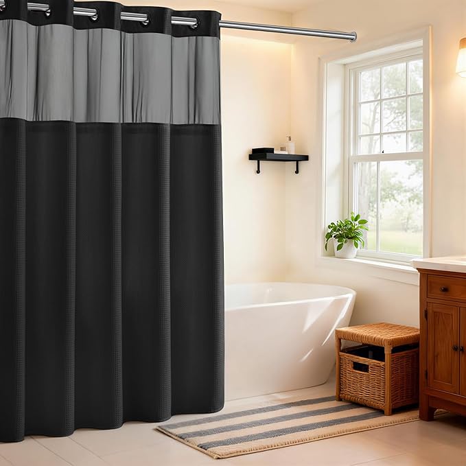 River Dream Black Shower Curain No Hooks Dotted Waffle Weave Shower Curtain with Snap in Liner - 71W x 74H,Hotel Grade,Spa Like Bath Curtain Set