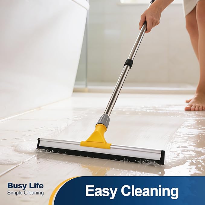 Yocada Rubber Floor Squeegee 17.7" TPR Blade Scrubber Broom 61.8inch Pole Household Broom for Garage Courtyard Shower Bathroom Floor Marble Glass Tile Water Foam Pet Hair Removal Cleaning