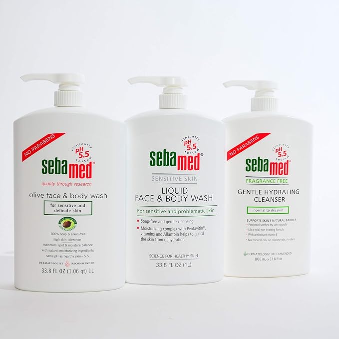 SEBAMED Paraben-Free Face and Body Wash With Pump for Sensitive and Delicate Skin pH 5.5 Ultra Mild Dermatologist Recommended Cleanser 33.8 Fluid Ounces (1 Liter) Pack of 3