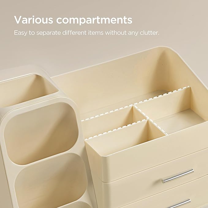 HBlife Makeup Organizer with Brush Holder for Vanity, Large Plastic Bathroom Countertop Organizer Skin Care Storage, Easy to Store Lipsticks, Nail Polishes, Perfumes, Eyeshadow Palettes, All Beige