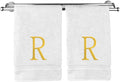 Monogrammed Hand Towel, Personalized Initial Gift, Extra Absorbent 100% Turkish Cotton - Soft Terry Finish - Set of 2 - Gold Block Initial R - Embroidered on White Towels
