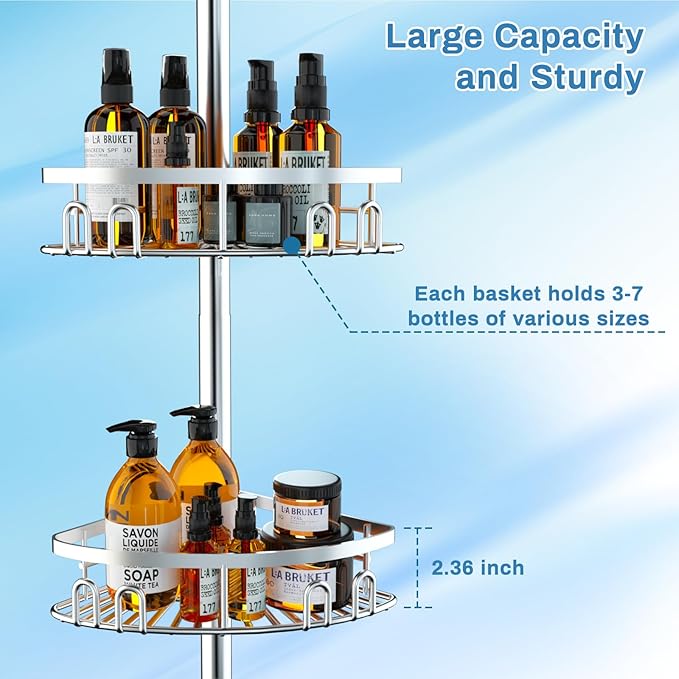 Rustproof Shower Corner Caddy Shelf for Bathroom Tension Pole Organizer with 4 Baskets for Bathtub Shampoo Storage from 23.6 to 114.5 Inch with Towel Bar (Silver)