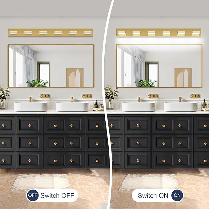 SineRise LED Modern Bathroom Vanity Light Fixtures (6-Light, 48-Inch, Dimmable), Brass Modern Acrylic Bathroom Wall Lighting Fixtures Over Mirror (Cool White 6000K)