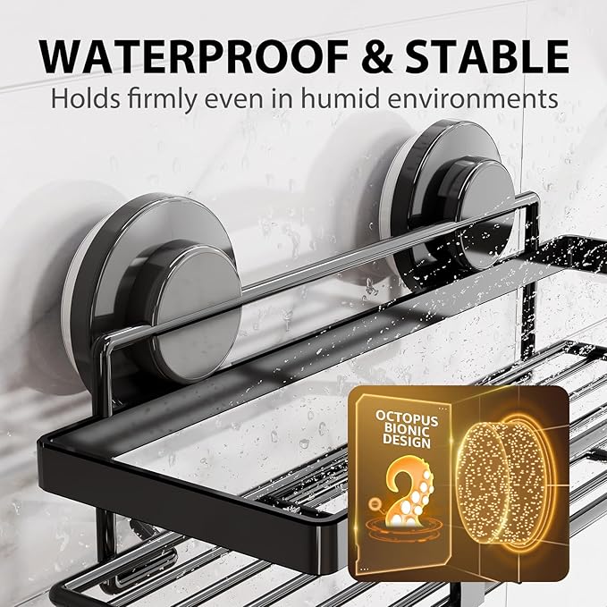 LEVERLOC 2 Pack Shower Caddy Suction Cup, Shower Shelves for Inside, Rustproof Metal Bathroom Storage NO-Drilling Bath Organizer with Large Capacity,Heavy Duty Storage Basket,Home Decor,Black