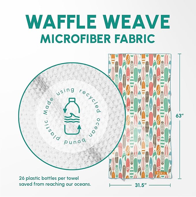 SUN'Y Waffle Microfiber Beach Towel – Sand Free, Quick Dry, Ultra Absorbent, Lightweight & Compact Travel Towel with Carry Bag - Large (63” x 31.5”), Huntington