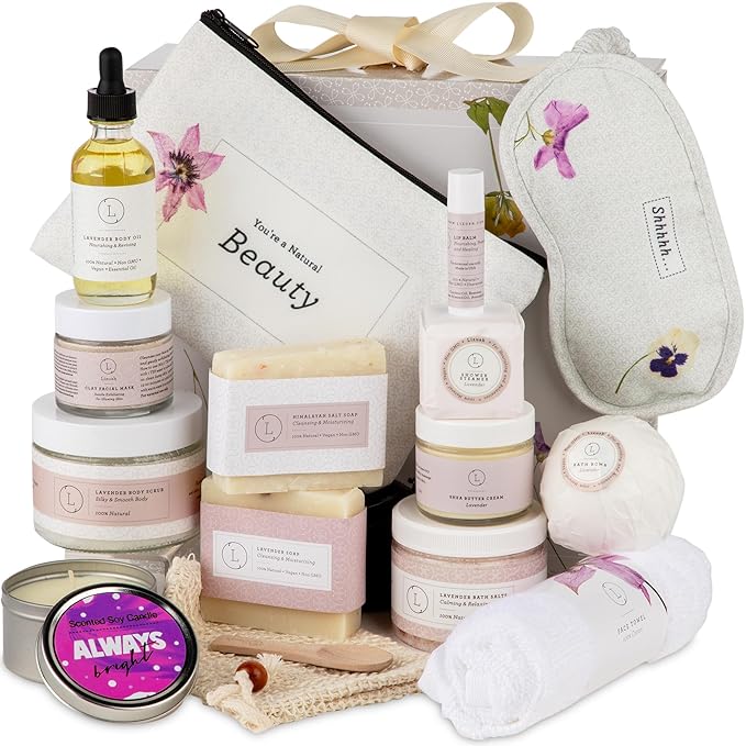 Lizush Luxury Spa Gifts for Women - 15 Piece Lavender Gifts for Her, Gift Baskets for Women, Body Care Set for Mom, Birthday Box, Self Care Spa Kit For Wife - Handmade in the USA