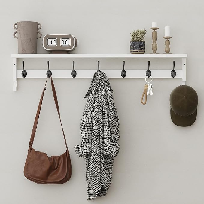 AMBIRD Coat Rack Wall Mount, 35 Inch Large Coat Hooks Wall Mounted with 7 Dual Metal Hooks and 2 Side Hooks, Wall Hooks with Shelf in Entryway, Kitchen, Living Room, Bathroom, Bedroom (White)