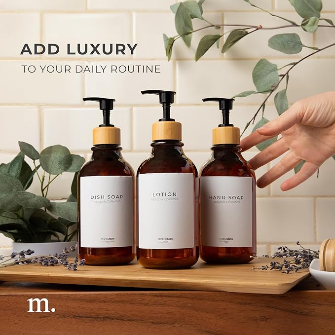 MaisoNovo Refillable Shampoo and Conditioner Bottles | 16.9 fl oz Set of 3 Amber Plastic Bottles Black Bamboo Pumps