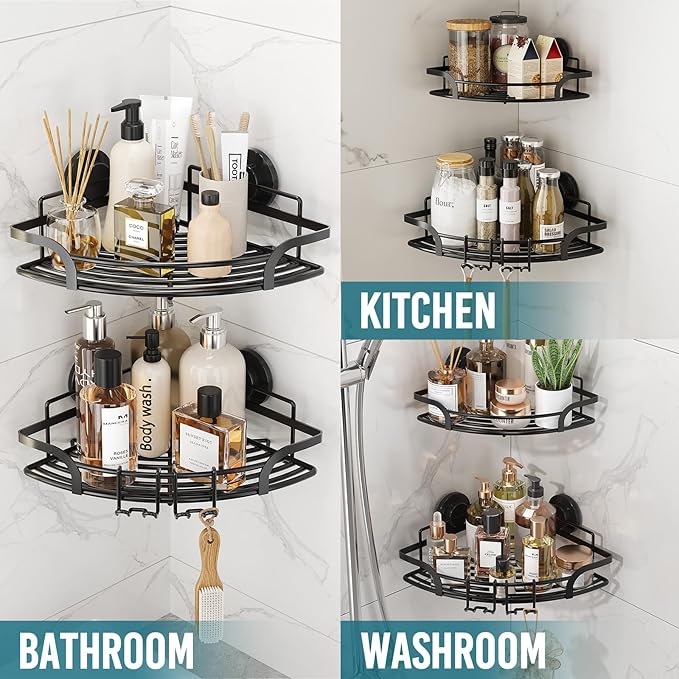 TAILI Powerful Suction Cup Corner Shower Caddy 2 Pack, Stainless Steel Rustproof Shower Shelf with Hook, Drill-free Wall Mounted Basket, Large Capacity Removable Suction Cup Bathroom Organizer, Black