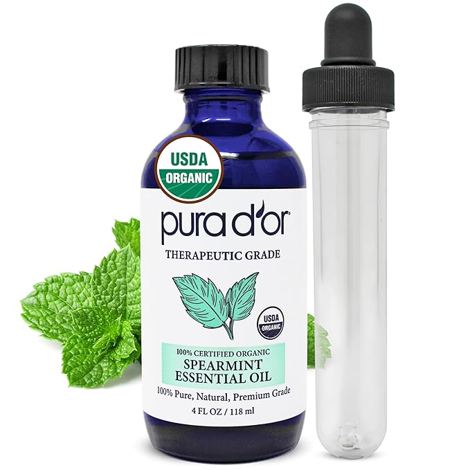 PURA D'OR Organic Spearmint Essential Oil (4oz with Glass Dropper) USDA Certified 100% Pure & Natural Therapeutic Grade Diffuser for Aromatherapy, Focus, Concentration, Mood Uplift