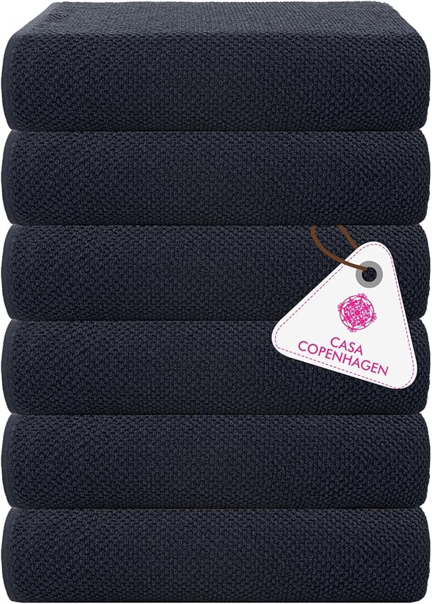 CASA COPENHAGEN Popcorn Textured 6 Pieces Small Bath Towel Set - Navy Blue, 24" x 48", 550 GSM 6 Bath Towel Rough & Tough Use Cotton Towels Gift Set for Bathroom