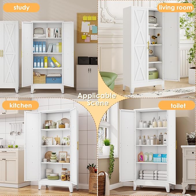 61" H Metal Kitchen Pantry Storage Cabinet, Freestanding Cupboard with 2 Doors and 3 Adjustable Shelves, Standing Storage for Kitchen, Bathroom, Garage, Dinning Room or Utility Room（White）