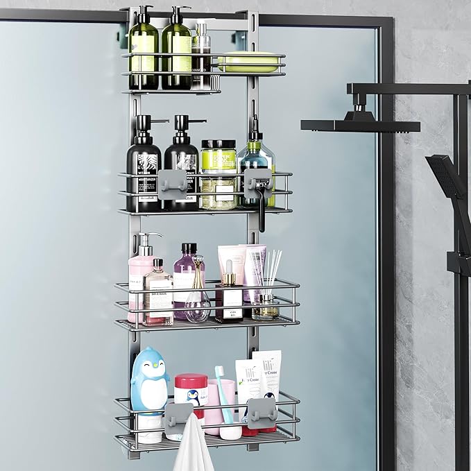 Orimade Shower Caddy Adjustable Height 4 Tier Silver,Bathroom Hanging Over the Door Organizer Shelf Rustproof with 4 Hooks,Shower Basket with Soap Holder and Suction Cup
