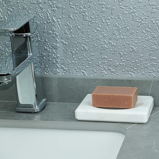 White Soap Dish Tray Marble Soap Holder Trinket Plate for Bathroom Sink Kitchen Countertop Bedroom Vanity Bathroom Accessory Rectangular