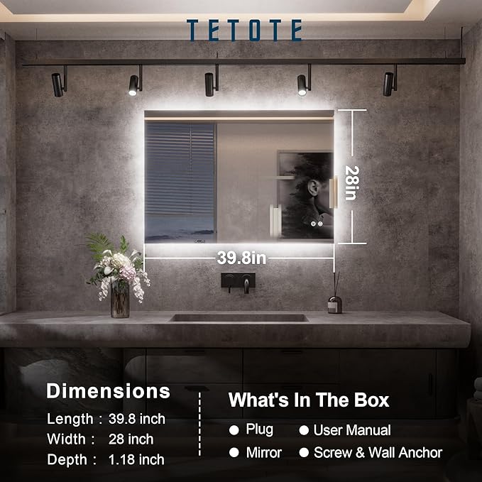 TETOTE 40 x 28 Inch LED Mirror Backlit Bathroom,Anti-Fog Mirror with Light,Dimmable,CRI90+,IP54 Water Proof,Wall Mounted Vanity Lighted,Horizontal/Vertical