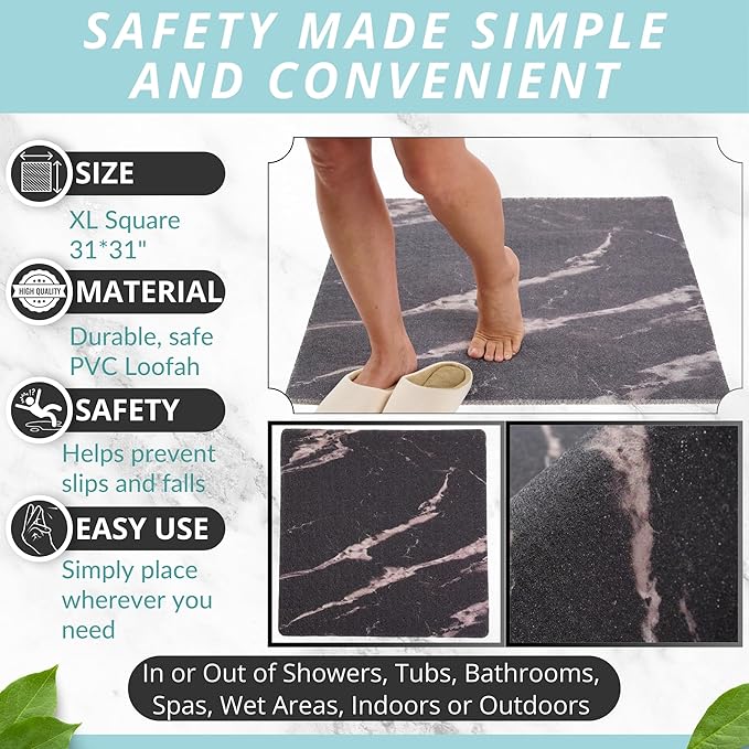 X Large Square Shower Mat Non Slip - Stall Shower for Shower Bathroom Non Slip for Shower - Square Large Shower Mat - Secure Mat for Shower Floor - Safety Shower Mat Loofah Square (Black Marble 31x31)