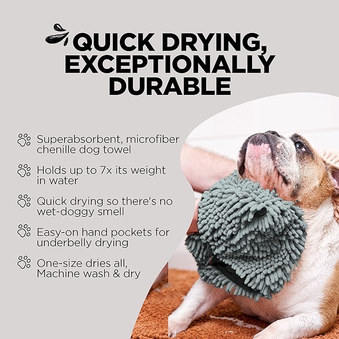 Soggy Doggy Super Shammy Dog Towel - Microfiber Chenille Towel for Drying Dogs and Cleaning Paws - Fast Drying with Hand Pockets for Ease (Gray, 31” x 14”)