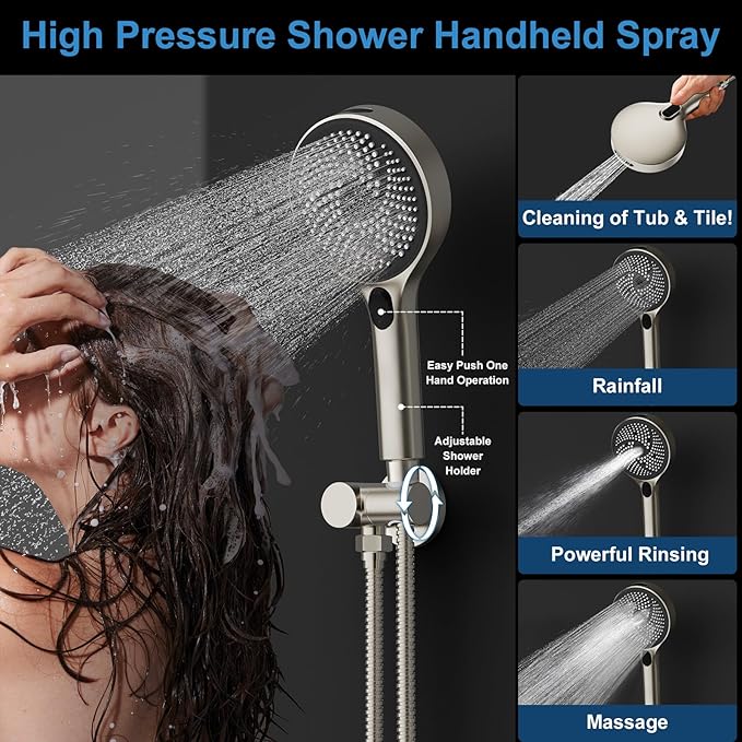 Shower System Brass Thermostatic Shower Faucet Set With Valve and Diverter Shower Mixer with 2 Rain Shower Head and Multi-function Handheld Head（Brushed Nickel）