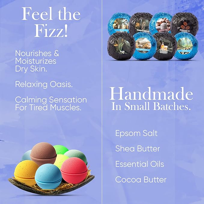 Bath Bombs for Men - Mens Relaxing Bath Bombs Gift Set - Organic with Masculine Scents for Him - 2.5 Oz Each - Gift Set of 8 Scented with Natural Essential Oils for Boyfriend, Husband or Father