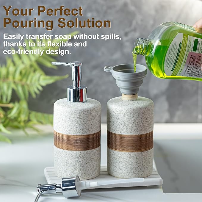 2-Pack Ceramic Soap Dispensers Set, Includes Stainless Steel Pump, Silicone Funnel and Diatomaceous Tray, Hand Soap, Dish Soap, Shampoo and Conditioner Dispenser for Bathroom & Washroom, White