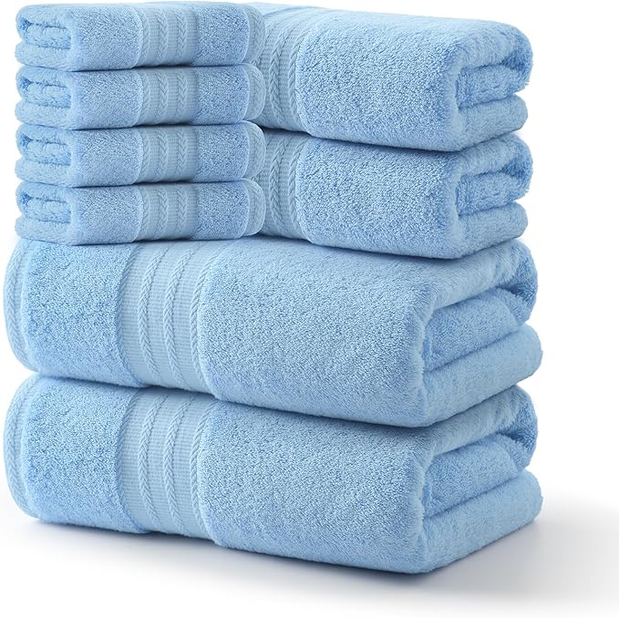 REDKISS Blue Towel Set of 8-100% Cotton Luxury Bath Towels Set for Bathroom, 600 GSM Highly Absorbent Bathroom Towel with 2 Large Bath Sheet, 2 Hand, 4 Washcloths, Blue Shower Towels for Dorm