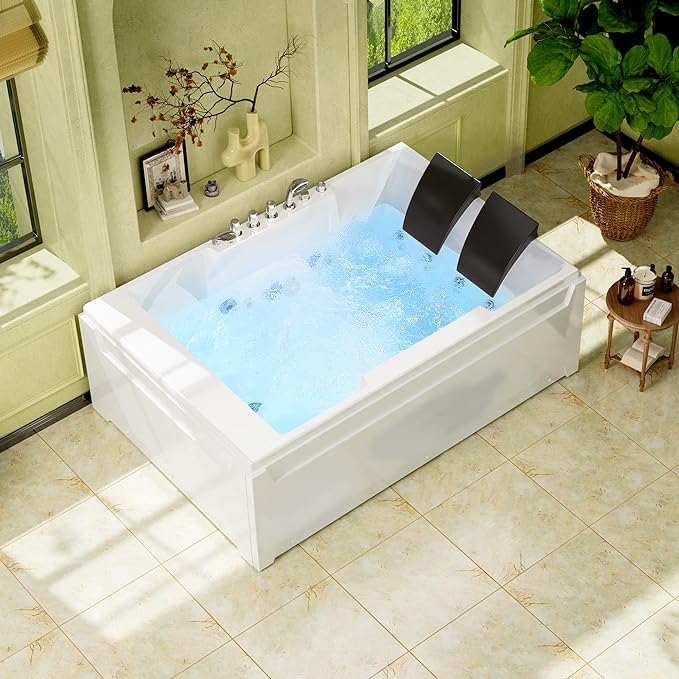Empava 1125W Whirlpool Tub,72" x 48" Jetted Bathtub for 2 Person, Hydro Massage & Chromatherapy,ETL Certified,3 Sided Apron,Acrylic ,110 Gallons,Left Drain