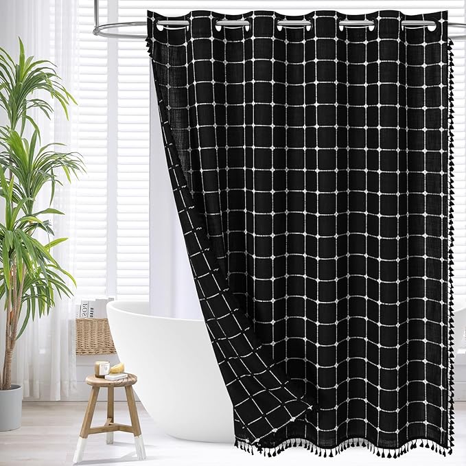 MitoVilla No Hooks Needed Boho Farmhouse Shower Curtain with Snap-in Liner, Cotton Linen Fabric Shower Curtains with Tassels for Rustic Neutral Bathroom Decor, Black and White, 72 x 74