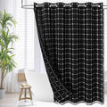 MitoVilla No Hooks Needed Boho Farmhouse Shower Curtain with Snap-in Liner, Cotton Linen Fabric Shower Curtains with Tassels for Rustic Neutral Bathroom Decor, Black and White, 72 x 74