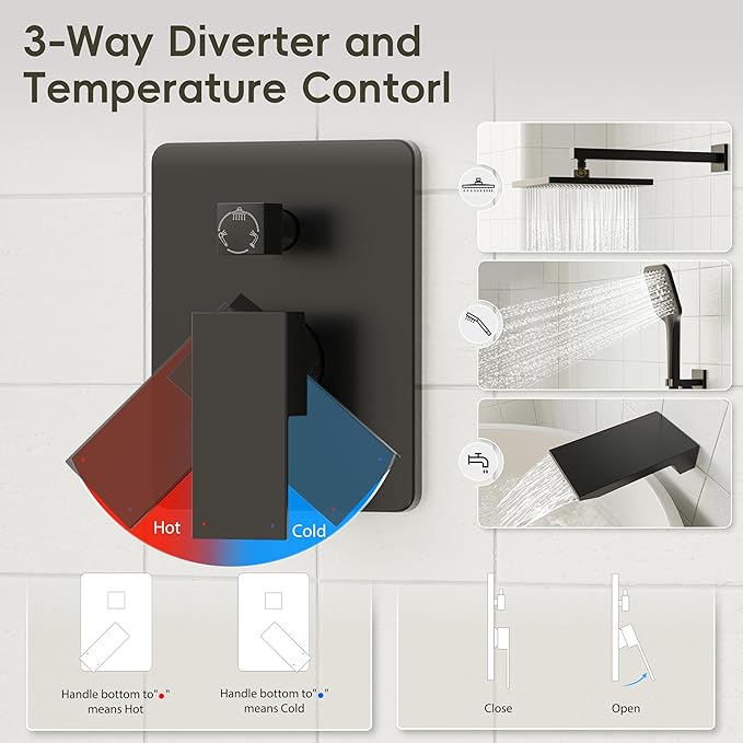 Gabrylly Shower System with Tub Spout, Wall Mounted Tub Shower Faucet Set for Bathroom with High Pressure 10" Rain Shower head and 3-Setting Handheld Shower Head Set, Matte Black