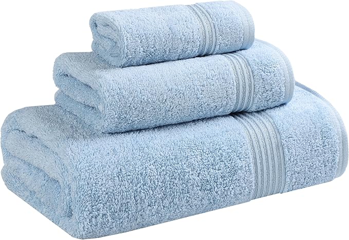 Superior Egyptian Cotton 3-Piece Towel Set, Basic Towels For Bathroom, Home Decor, Guest Bath, Shower, Apartment, Included 1 Face, 1 Hand, 1 Bath Towel, Washcloth, Quick Dry, Light Blue