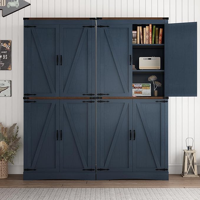 71in Farmhouse Kitchen Pantry Cabinet,Tall Storage Cabinet with 4 Doors and Adjustable shelves,with Load-Bearing Steel Pipe,Wood Storage Cabinets for Kitchen,Dining Room,Bathroom(Rustic Blue)