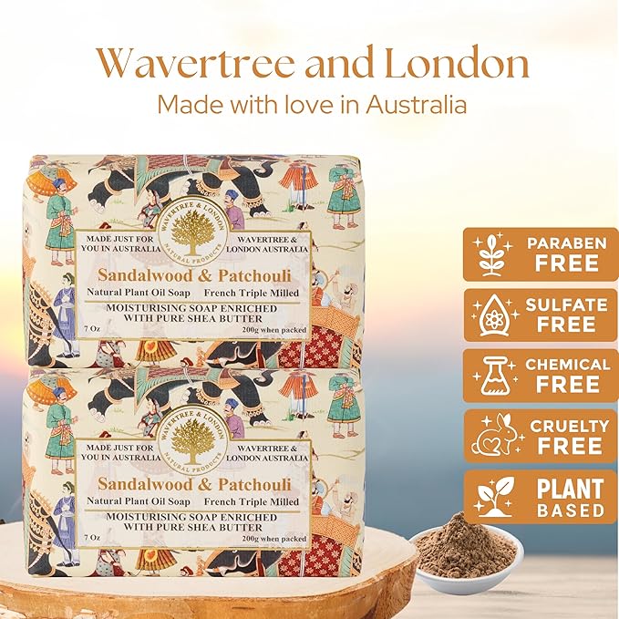 Wavertree & London Sandalwood & Patchouli Scented Natural Soap (2 Bars), 7oz Moisturizing French Triple Milled Soap Bars enriched with shea butter - Pure Plant Oil Bath & Body Bars for All Skin Types