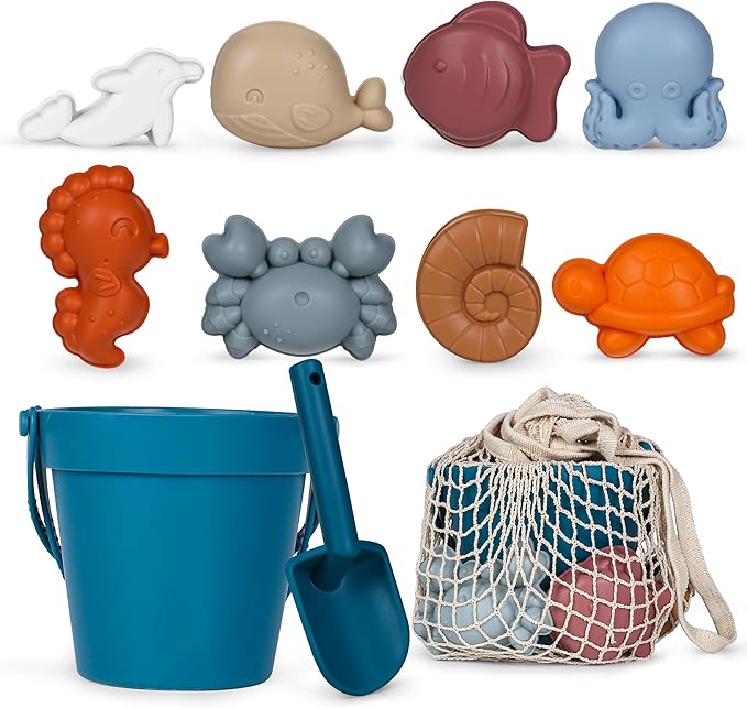 MarcZero 11Pcs Silicone Beach Toys,Modern Baby Beach Toys,Travel Friendly Beach Set,Eco Friendly Toy,Silicone Bucket, Shovel, 8 Sand Molds, Beach Bag,Silicone Sand Toys for Toddlers, Kids (Dark Blue)