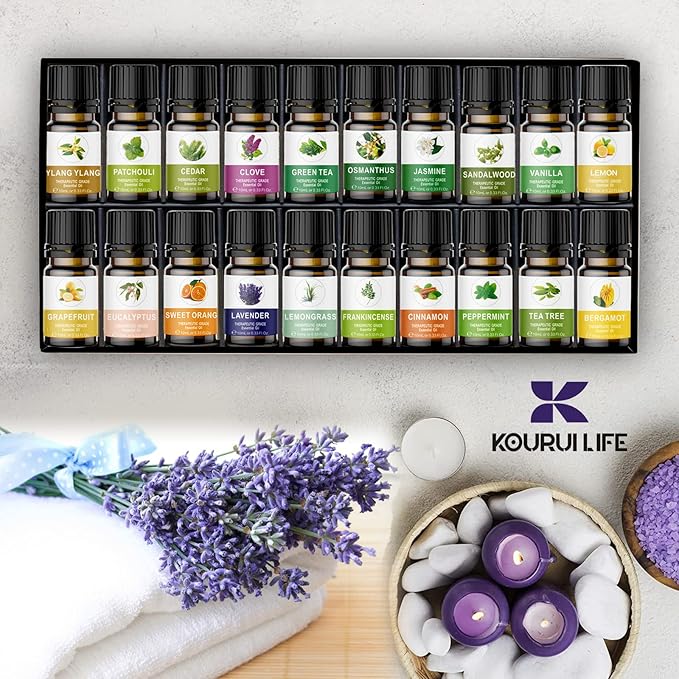 Essential Oils Set of 20x10ml, 100% Organic Essential Oil, Lavender, Ylang Ylang, Tea Tree, Eucalyptus Scented Oil, Essential Oils for Diffusers for Home, Candle Making, Humidifiers (20)