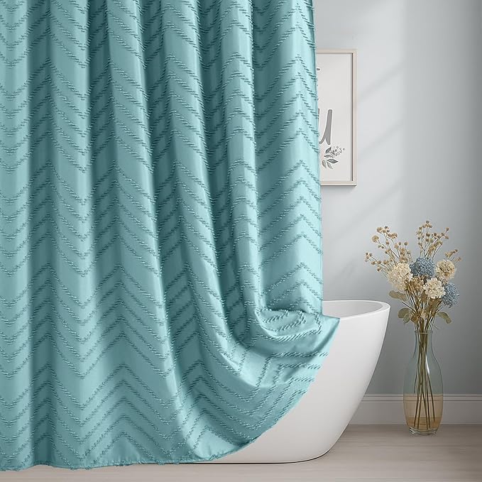 84inches Extra Long Teal Shower Curtain Boho Farmhouse Shower Curtain 72 x 84 Tufted Chevron Textured Minimalist Shower Curtains for Bathroom