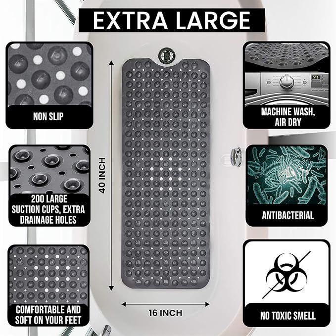 ENKOSI Bath Mat - Large Non Slip Bathtub & Shower Mat - Extra Long 40 x 16 Inch Bathroom Mats for Tub Nonslip Anti Slip Bathmats (40x16 Pearl White 1-Pack)